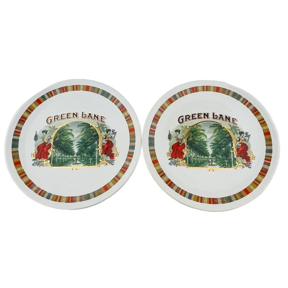 Pottery Barn Green Lane Fireside Club 2 Salad Plate‎ Lot Cigar Box Stripe Trim